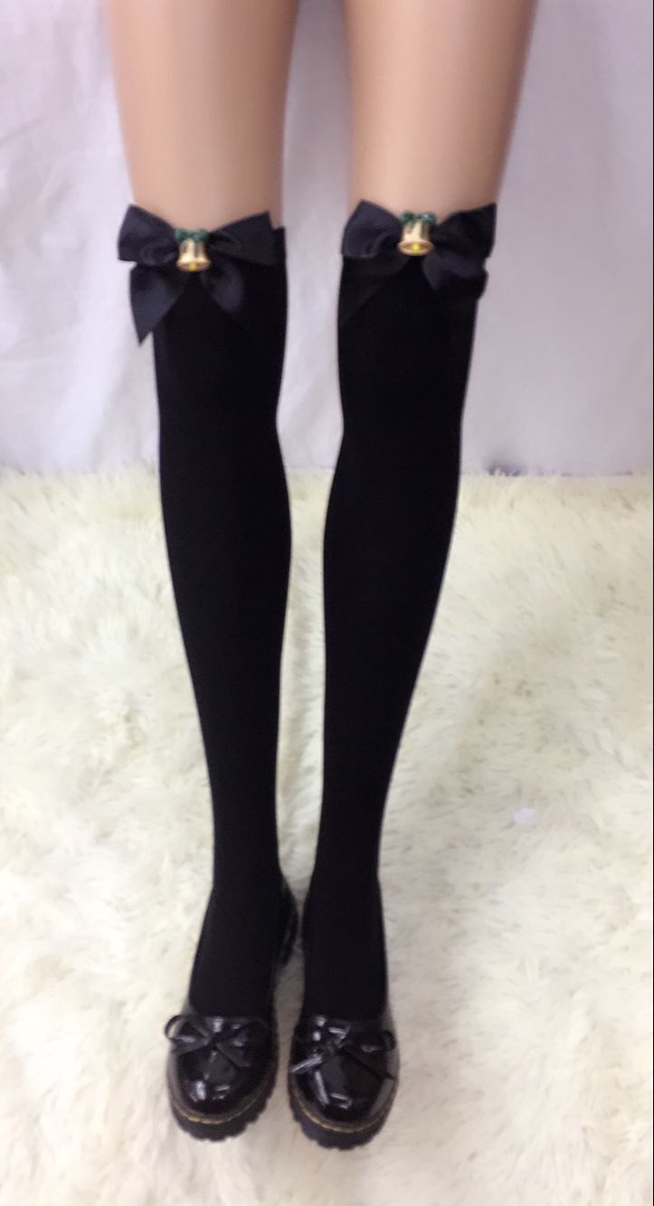 F8195-3 Thigh Stocking with Satin Bows Opaque Over The Knee Halloween Socks